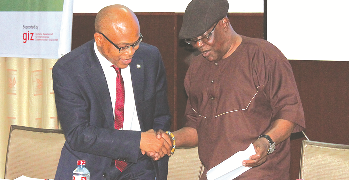 Mr Kwesi Gyan-Apenteng (right), Chairman of the National Media Commission, exchanging pleasantries with Dr Remi Ajibewa, Director of Political Affairs, ECOWAS Commission