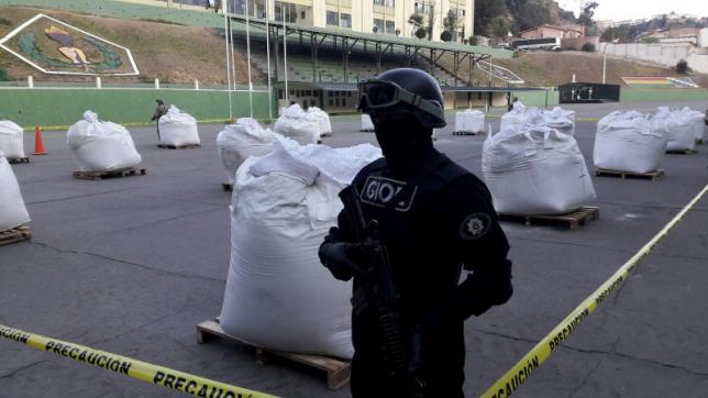 Confiscated bags of cocaine at the police headquarters in La Paz, Bolivia