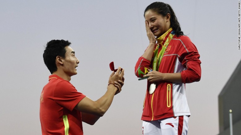 China's He Zi was caught off guard by her boyfriend's dramatic proposal Sunday.