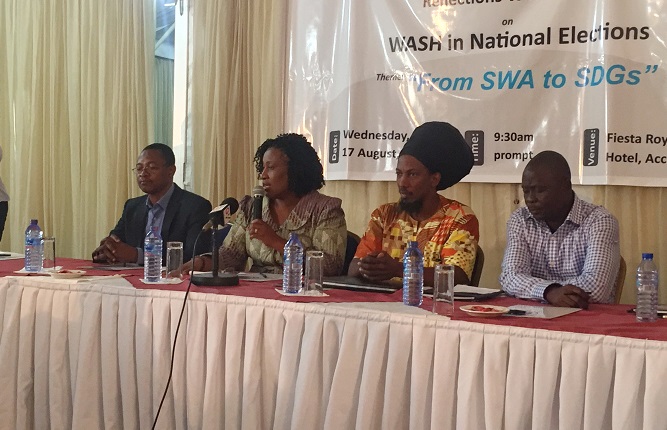 (Right)WASH policy expert, Mr Abdul NashirActing Country Director of WaterAid Ghana,(Middle) Ms Antoinette Shor-Anyawoe speaking at the workshop , and Dr Chaka Uzondu, Acting Head of Policy Campaign of WaterAid Ghana