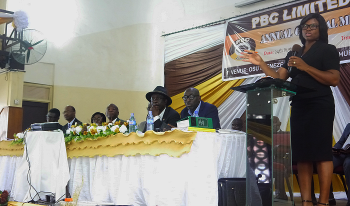 Mrs Edem Ama Sekyi (right), Secretary of PBC Limited, addressing the participants in the PBC annual report held in Accra. Picture: Patrick Dickson 