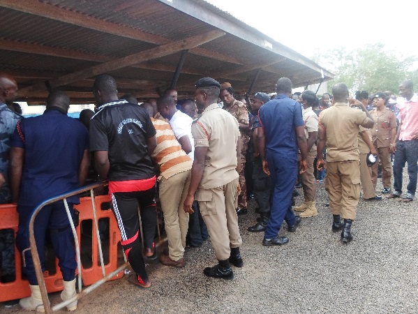 Special Voters as the Brong Ahafo Regional Police Headquarters Polling Centre jostling to find their names on the list.