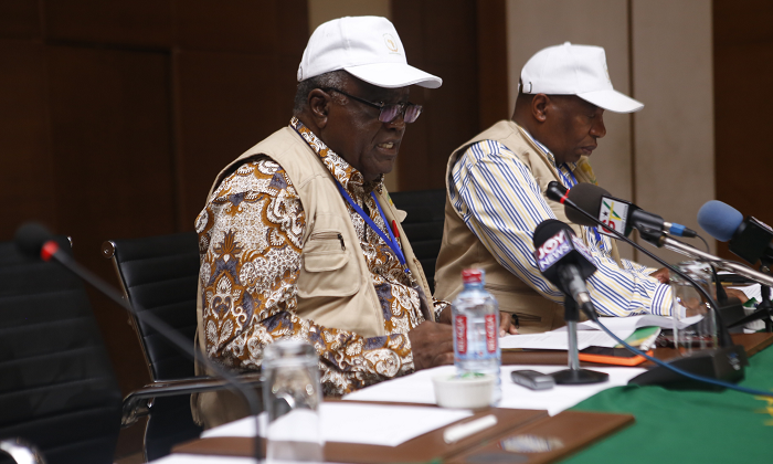  Mr Hifikepunye Pohamba (left), a former President of Namibia and Head of the AU Observers Mission, delivering his statement at a press conference in Accra. Picture: EMMANUEL ASAMOAH ADDAI