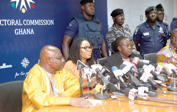 Mrs Charlotte Osei (middle), EC Chairperson, surrounded by her two deputies and other members of the commission. This was in December 2016 when she announced the presidential election results at a press conference at the EC headquarters in Accra