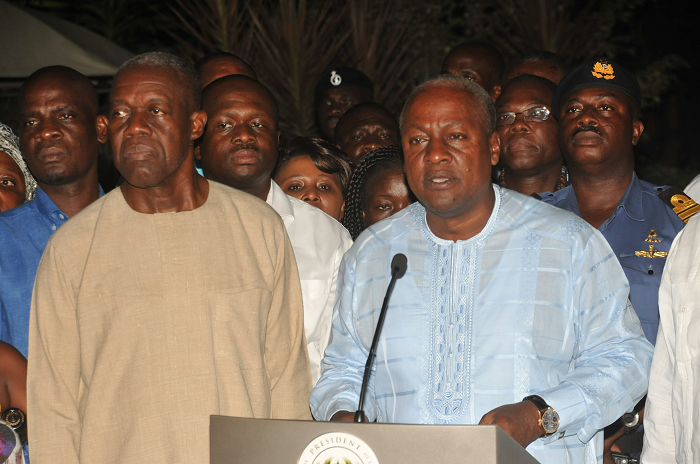  President John Mahama speaking to some members of his government, party supporters and the media. Picture: EBOW HANSON