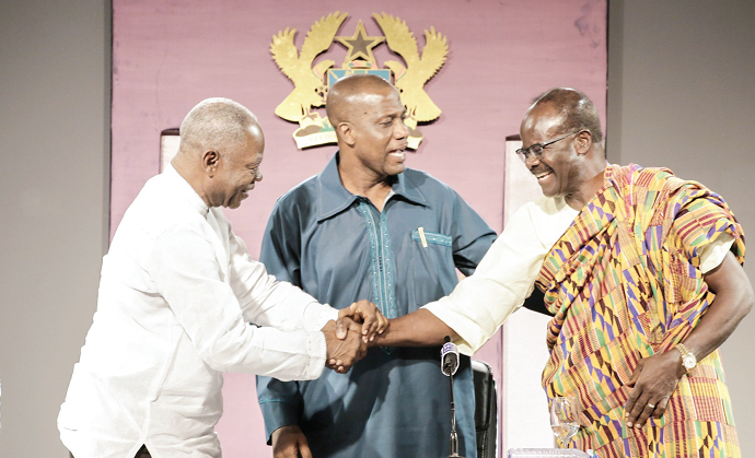  Dr Mahama (left), Dr Nduom and Mr Jacob Osei Yeboah exchanging pleasantries at the 2nd IEA Presidential Town Hall meeting