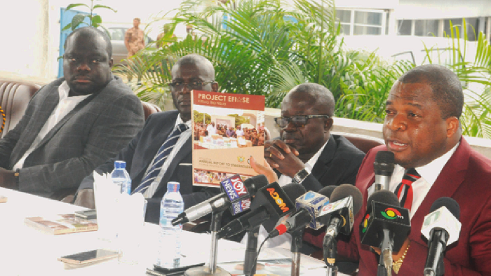 Rev. Dr Stephen Yenusom Wengam (right) launching the annual report of the service at the press conference in Accra. Those with him include Dr Kwabena Opoku-Edusei (2nd right), Mr Kwasi Amoako Adjei (2nd left) and Mr Solomon Appiah, all members of the Ghana Prison Service Council.