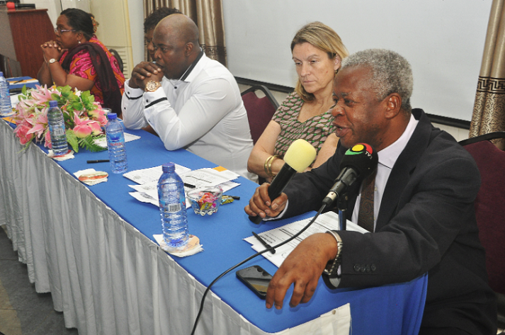  Dr Kwesi Osei (right) speaking at the meeting.  Those with him include Ms Susan Clapham (2nd right), Health Adviser, and Dr Samuel Kaba Akoriyea (3rd right), Director, Institutional Care, Ghana Health Service  