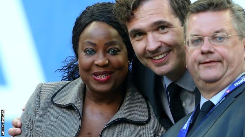 Fatma Samoura (left) with Friedrich Curtius and Reinhard Grindel of the German FA at Euro 2016