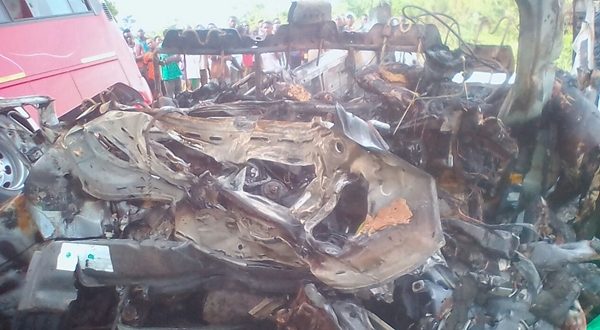 The remains of the Ford bus which caught fire killing all passengers on board