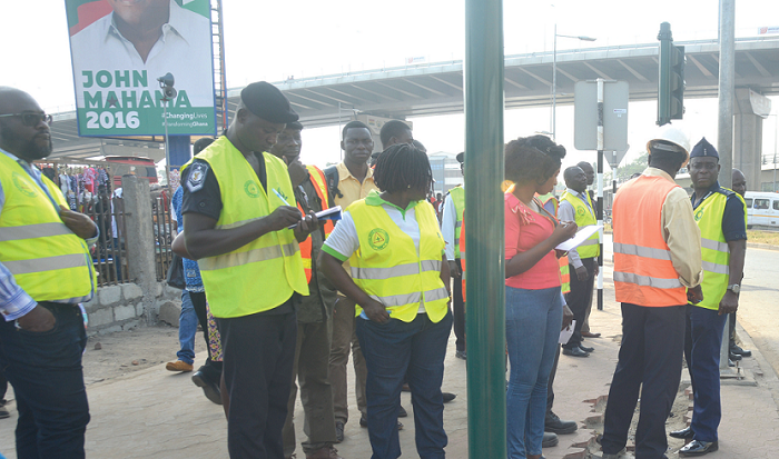  Officials of the National Road Safety Commission, Accra Metropolitan Authority and Motor Transport and Traffic Department  conducting journalists round the interchange in Accra yesterday. Picture: EMMANUEL QUAYE 