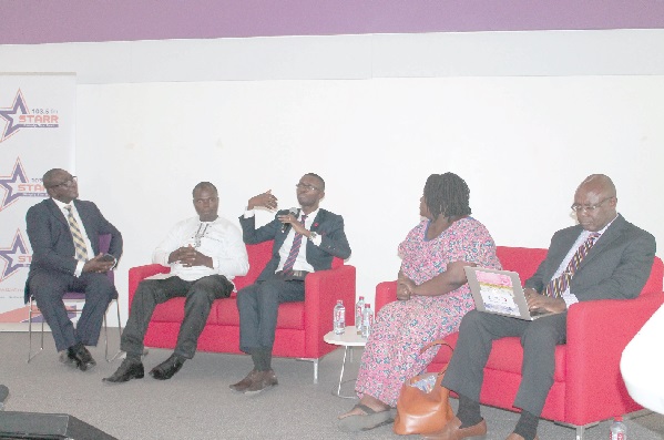 Mr Bernard Avle (middle) making a submission. With him are Mr George Sarpong (left), Mr Sulemana Braimah (2nd left), Executive Director of Media Foundation for West Africa, Ms Kinna Kimani (2nd right) and Mr Kwami Ahiabenu II (right)