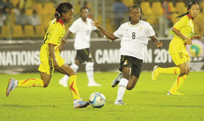 Black Queens’ Juliet Acheampong (right) closing in on her Malian opponent during last Saturday’s game 