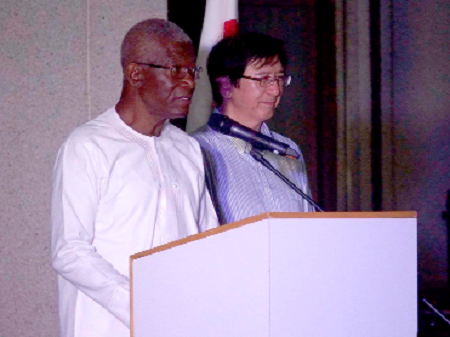 Nii Osah Mills (right), Minister of Lands, addressing the guests, with him is Mr Kaoru Yoshimura, Japanese Ambassador 