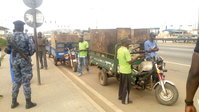  Some of the illegal waste tricycle operators who were arrested at the Awoshie Junction in Accra