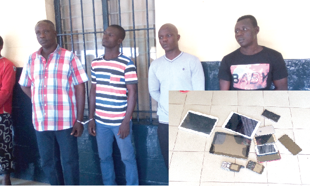 • The suspects from left; Abdul Rashid, Kwame Konadu, Kwame Tawiah and Benjamin Aidoo. Inset: Some of the stolen items