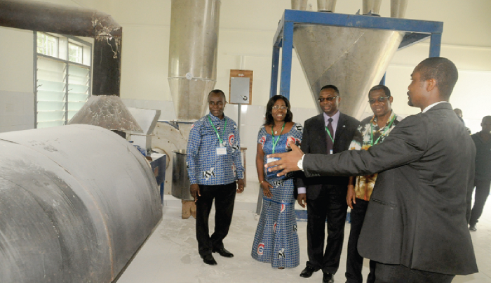  Mr Jonathan Ampah (right), a Research Scientist of the FRI-CSIR, explaining a point to Dr Victor Agyemang (far left), Mrs Mary Obodai (2nd left) and other officials during an inspection of a newly installed cassava flash drying machine in Accra.