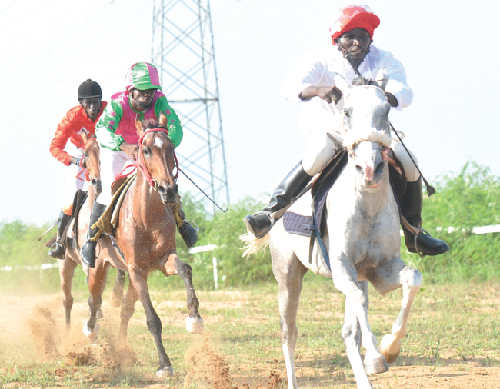 Flashback: Jockey Joseph Lamptey (right) and Mr K took a commanding lead in last Saturday’s competition