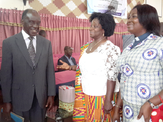  Prof. Mrs Ellen Bortei-Doku Aryeetey (middle) interacting with the Board Chairman of the school, Mr Ebenezer Akowuah. With them is Rev. (Mrs) Florence B. Simpson