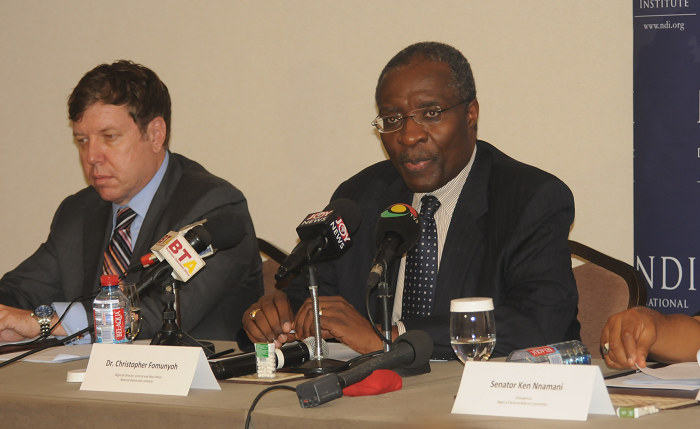  Dr Christopher Fomunyoh (right) addressing journalists at the press conference. With him is Mr Richard L. Klein. Picture: EMMANUEL ASAMOAH ADDAI