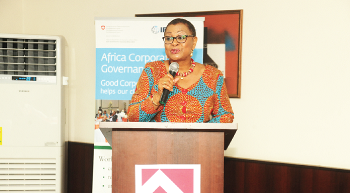 Ms Joyce Aryee speaking at the IFC  forum.  Picture by Emmanuel Quaye 