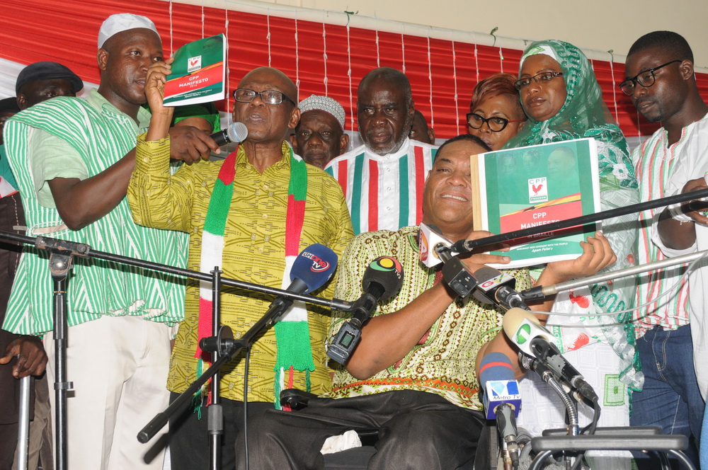 Prof. Edwumd Delle (left), the National Chairman of the CPP, together with Mr Ivor Kobina Greenstreet (3rd left), flag bearer of the CPP, and party executive members, launching the 2016 manifesto in Accra.  Picture: EMMANUEL ASAMOAH ADDAI