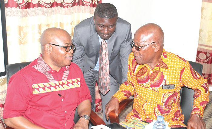  Dr Bossman Asare (middle), Prof. Kwame Boafo-Arthur (right),  and Prof. Adebayo Olukoshi (left) in a dialogue. MAXWELL OCLOO