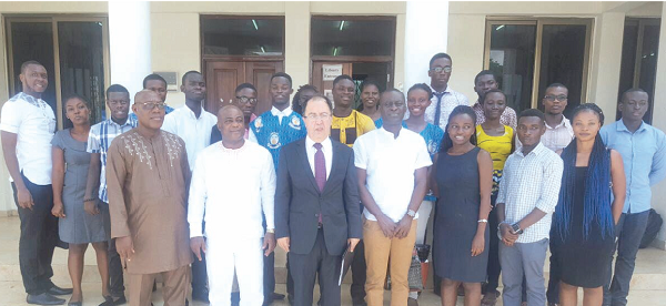 Mr Ali H. Halabi (third from left), the Lebanese Ambassador to Ghana,  with beneficiaries of the scholarship award. With them is Dr Wilberforce Dzisah (2nd left), Rector of the GIJ