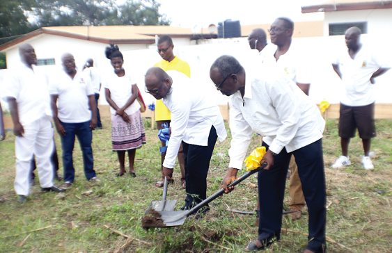 Mr Samuel Ofori Adjei (right), the Headmaster of Accra Academy and Mr Louis Nortey, President of the 1975 Year Group of the school, performing the ceremonial ground breaking for the construction of a clinic for the school