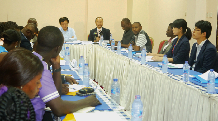 Mr Koji Makion (with microphone), Chief Representative Japan International Cooperation Agency (JICA) Ghana, addressing the participants at the press briefing in Accra. Picture: PATRICK DICKSON 