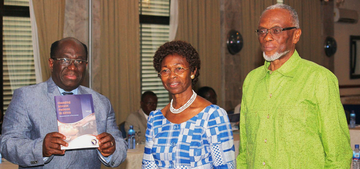 Dr Richard Anane (left), a former Minister of Health, launching the book as Prof. Isabella Quakyi (middle), FGA, and Prof. Akilagpa Sawyerr, President- Ghana Academy of Arts and Sciences, look on.Picture: NII MARTEY M. BOTCHWAY 