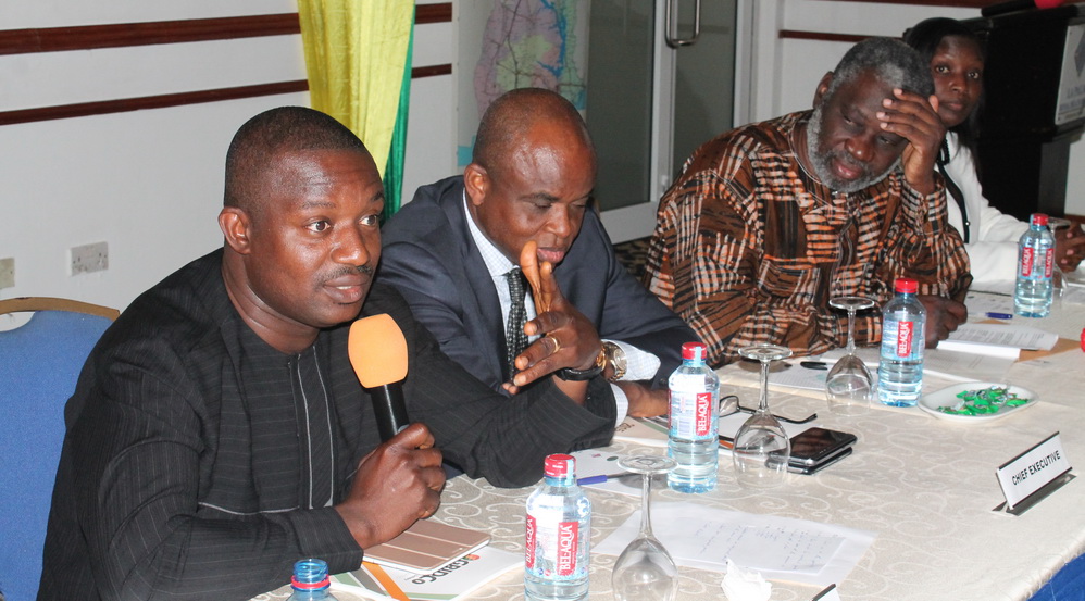 Mr John Jinapor (left), the Deputy Minister of Power, speaking at the 2015 GRIDCo annual general meeting. Also in the picture are Mr William Amuna (2nd left), Chief Executive of GRIDCo, Alhaji Huudu Yahaya (2nd right), Chairman of GRIDCo Board of Directors, and Mrs Monica Senanu (right), Company Solicitor and Board Secretary, GRIDCo