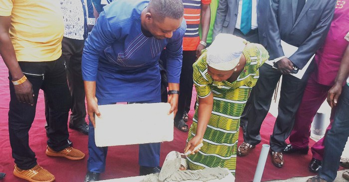 Chief Nsarko (left) with Fathima Ali, the National President of the Kuapa Kokoo Union, laying the foundation stone for the construction of the  Tele-Agric Centre