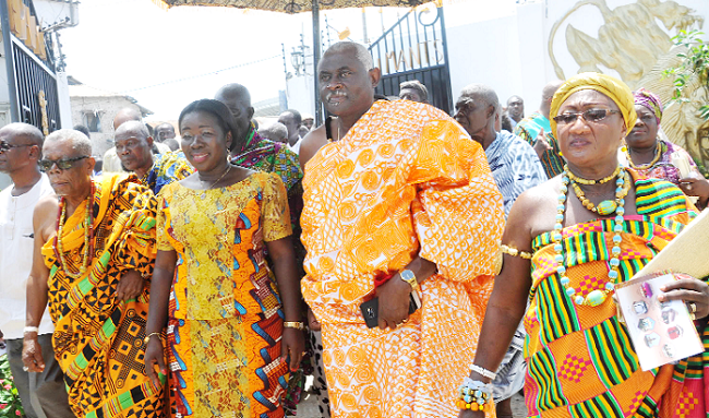 Mrs Elizabeth Ofosu Agyare (2nd left), the Minister of Tourism, Culture and Creative Arts, in the company of Nii Okwei Kinka Dowuona VI, arriving at the function. Among them are some elders of the Osu Traditional Council. Picture: EBOW HANSON