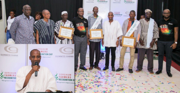 Top 3 award winners with dignitaries at the event. (Inset: Dr Sagre Bambangi, Deputy Minister of Food and Agriculture, giving the keynote address)