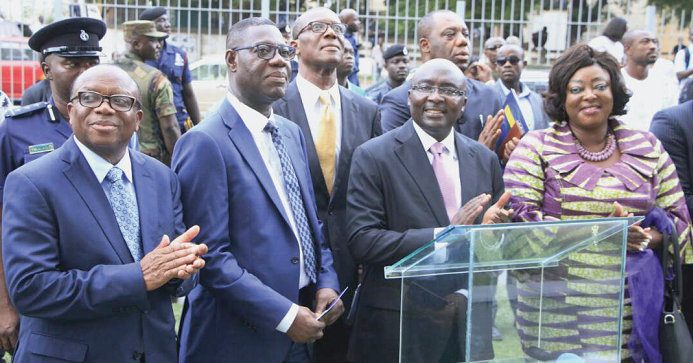 Vice-President Mahamudu Bawumia flanked by Mr Steve Kpordzih (2nd -left), Mr Millison Narh (left) and Ms Tina Mensah, Deputy Minister of Health, applauding after pressing a knob to inaugurate the bank (right). Picture: EMMANUEL QUAYE