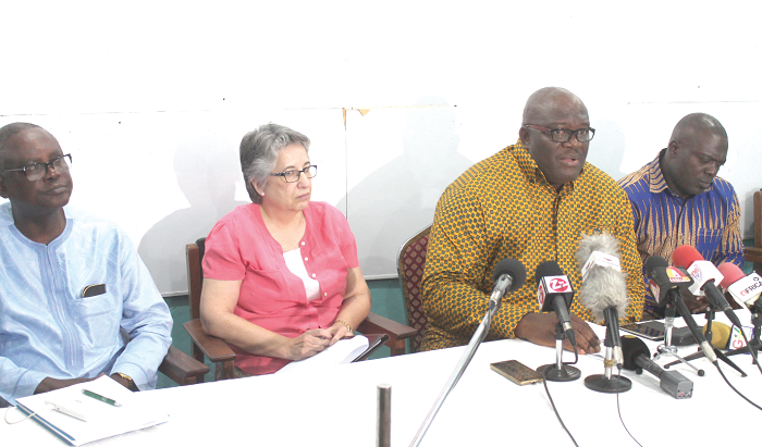 • Mr Henry Quartey (2nd right), deputy Minister of Interior, addressing participants at the media briefing. Those with him are Ms Christine Evans-Klock (2nd left), UN Resident Coordinator, Mr Baffour Dokyi Amoa (left), Chair, International Advisory Council of the International Action Network on Small Arms (AINSA), and Mr Jones Borteye Applerh (right), Executive Secretary, National Commission on Small Arms and Light Weapons. Picture: EDNA ADU-SERWAA