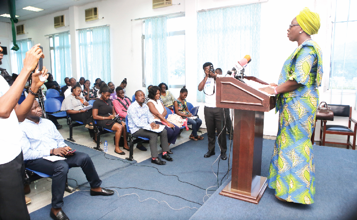 Ms Gifty Twum Ampofo, Deputy Minister of Gender, Children and Social Protection, addressing journalists on issues affecting the African child at the Ministry of Information Conference Room in Accra. Picture: EMMANUEL ASAMAOH ADDAI