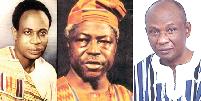 (From left) Dr Kwame Nkrumah, President, First Republic, Dr Hilla Limann, President, Third Republic and Prof.  Edmund Delle, Current CPP Leader and National Chairman