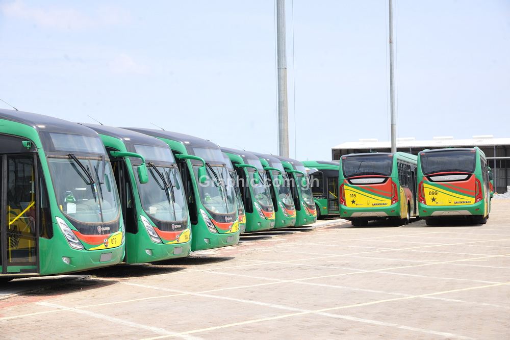 Some of the buses parked in the company's yard at Achimota in Accra