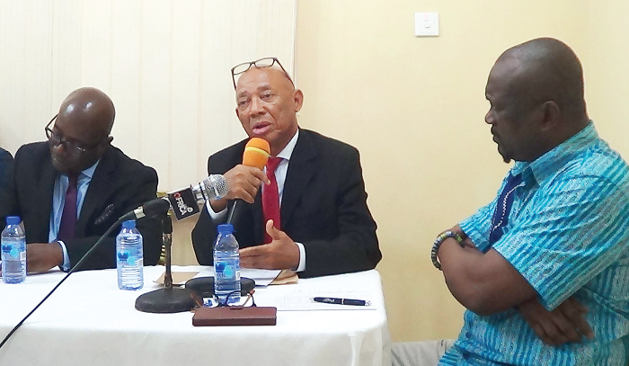 Justice Emile Short (middle) making a contribution to the discussion. With him are Mr Andrew Mercer (left), MP, Sekondi, and Mr Henry Kwasi Prempeh (right), legal and governance consultant. PICTURE: INNOCENT K. OWUSU.