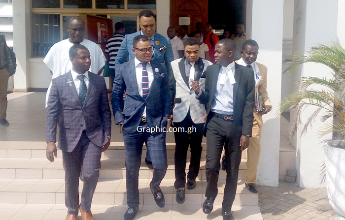  Bishop Obinim (2nd left), his lawyer, Raphael Poku Adusei (right), and some of his pastors leaving the court premises. Picture: EMMANUEL EBO HAWKSON