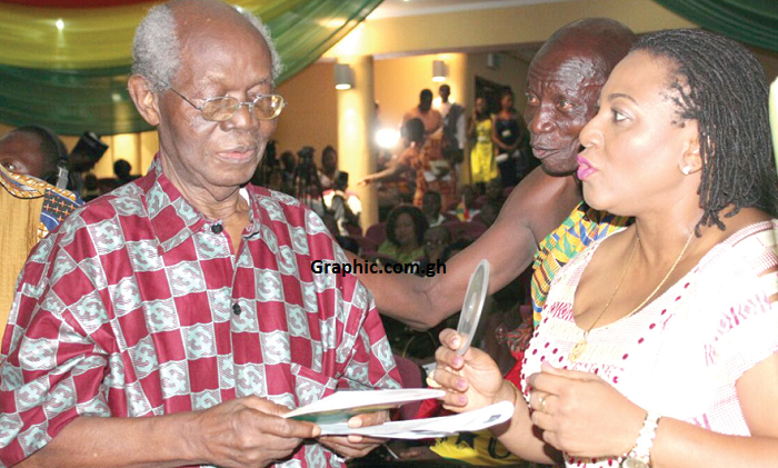  Ms Josephine Nkrumah (right) with Prof. Emeritus Kwabena Nketia, musicologist and composer, at the function. INSET: The book