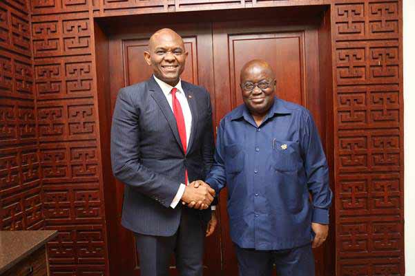 President Akufo-Addo receiving the Chairman of the United Bank for Africa (UBA), Mr Tony Elumelu at the Flagstaff House. This was when Mr Elumelu called to congratulate the President on his election victory