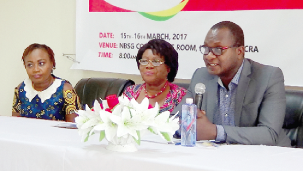  Mr Benjamin Nyakutsey (right) delivering his address. Those with him are Dr Mrs Sylvia Boye (middle), Chairman of the National Blood Committee, and Mrs Justina K. Ansah (left). Picture: INNOCENT K. OWUSU.