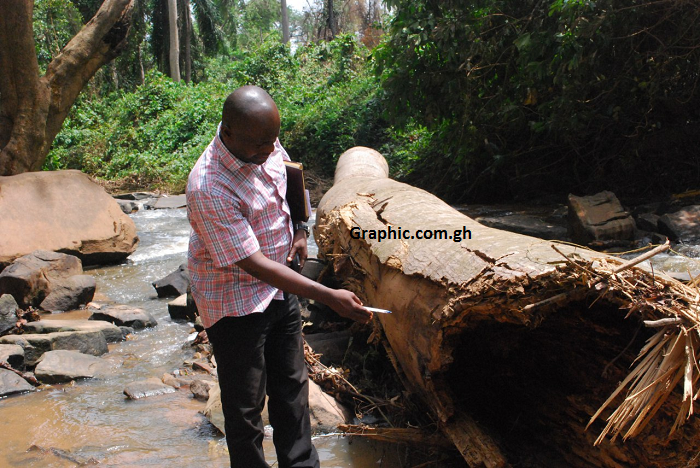  Mr Joseph Appiagyei, Acting Brong Ahafo Regional Manager of the Ghana Tourism Authourity (GTA) pointing to the hole in the log that crushed the revelers at the Kintampo Waterfalls last Sunday
