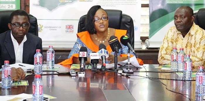 Ms Djaba addressing the media. On her left is the National Manager of LEAP, Mr Dzigbordi Agbekpornu, and the Chief Director at the ministry, Mr Armo-Himbson (right)
