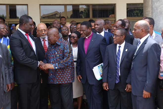 President Nana Addo Dankwa Akufo-Addo (2nd left) interacting with Dr Yaw Osei Adutwum (left), a deputy Education Minister designate, during the conference in Accra. Those with them include Most Rev. Titus Kwesi Awotwi Pratt (3rd right), Presiding Bishop of the Methodist Church. Picture : SAMUEL TEI ADANO