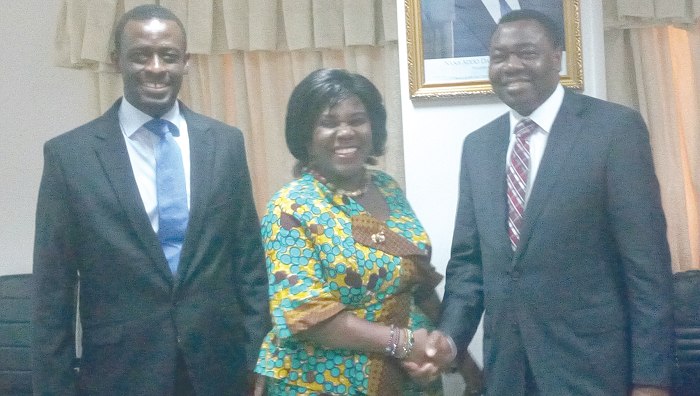  Ms Cecilia Dapaah (middle) shaking hands with Dr Olumuyiwa Bernard Aliu (right) after the meeting. With them is the Deputy Minister designate for Aviation, Mr Kwabena O. Darko-Mensah