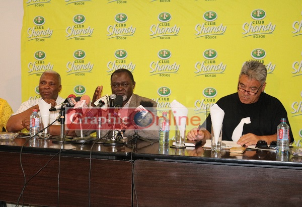 Azumah Nelson (middle) addressing today's press conference. He is flanked by Ghana Boxing Authority President, Rabon Dodoo (left) and Heta Hema-Mann, the CEO of Hemann Promotions.